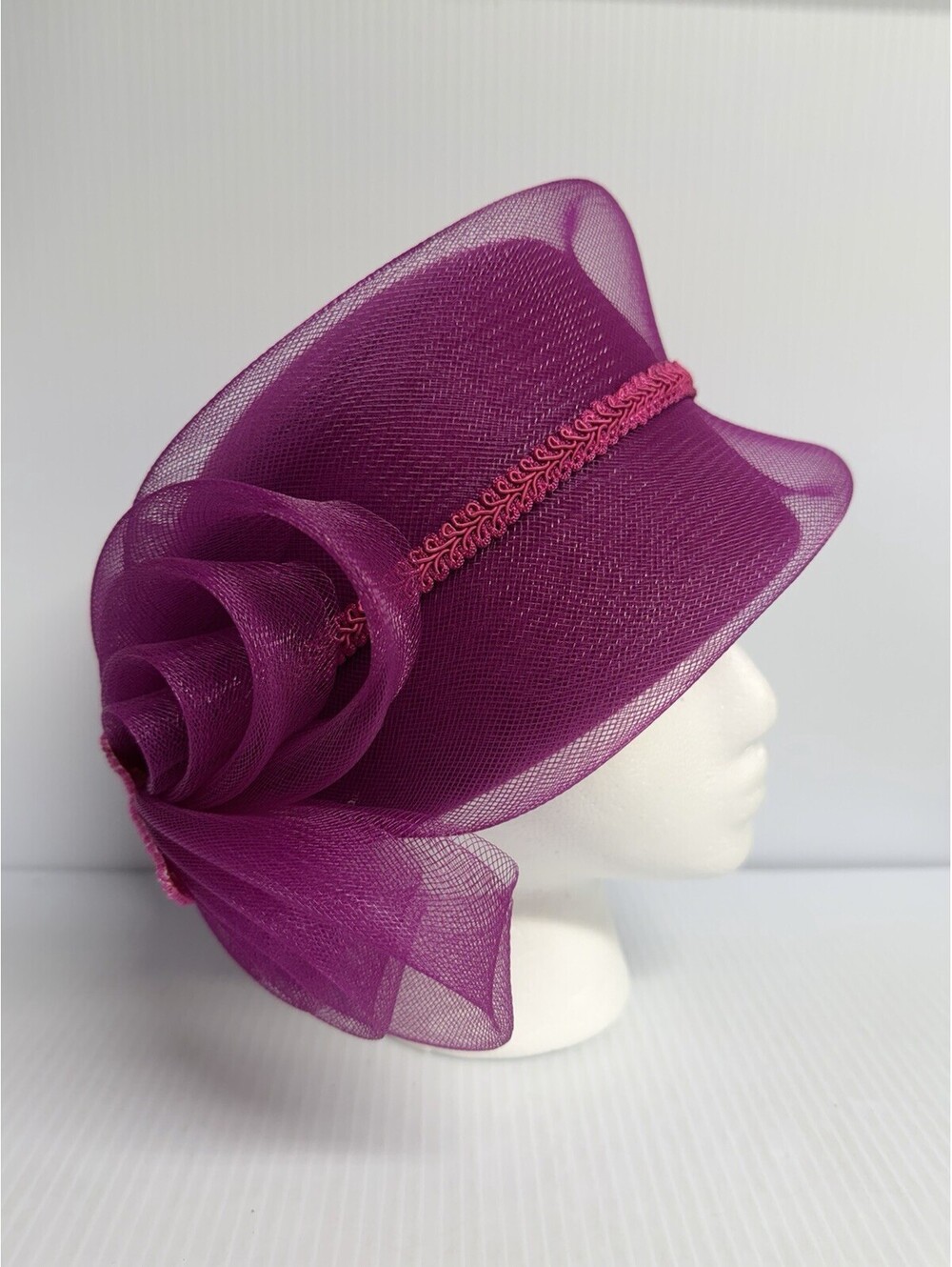 Magenta Church Dress Hat Structured Mesh Crown Large Floral Mesh Appliqué